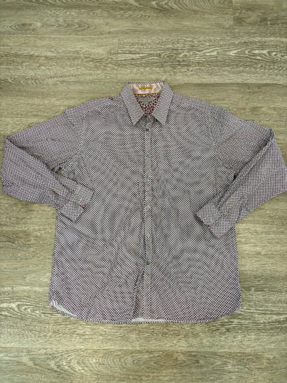 TED BAKER Nugate Burgundy White Abstract Floral Cotton Tab Long Sleeve Shirt XXL
